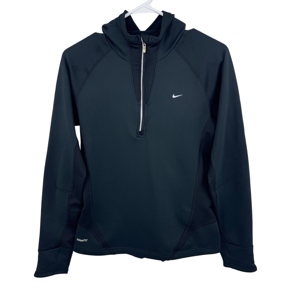 Vintage y2k Nike Fit Dry Womens Small Black Quarter Zip Hooded Sweatshirt Long